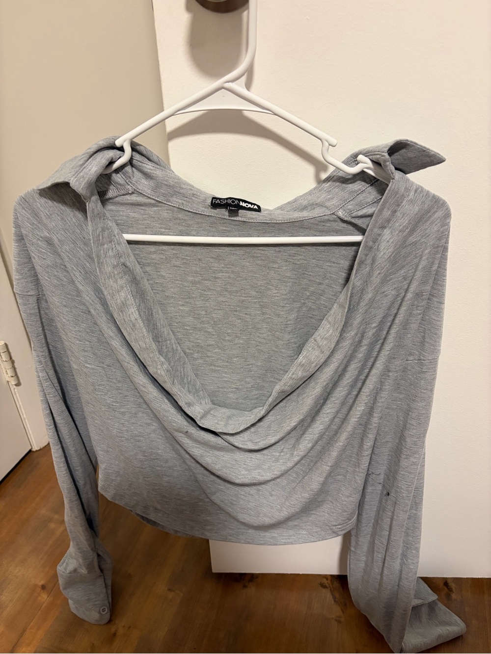 Fashion Nova Light Gray Draped Long-Sleeve Crop Top